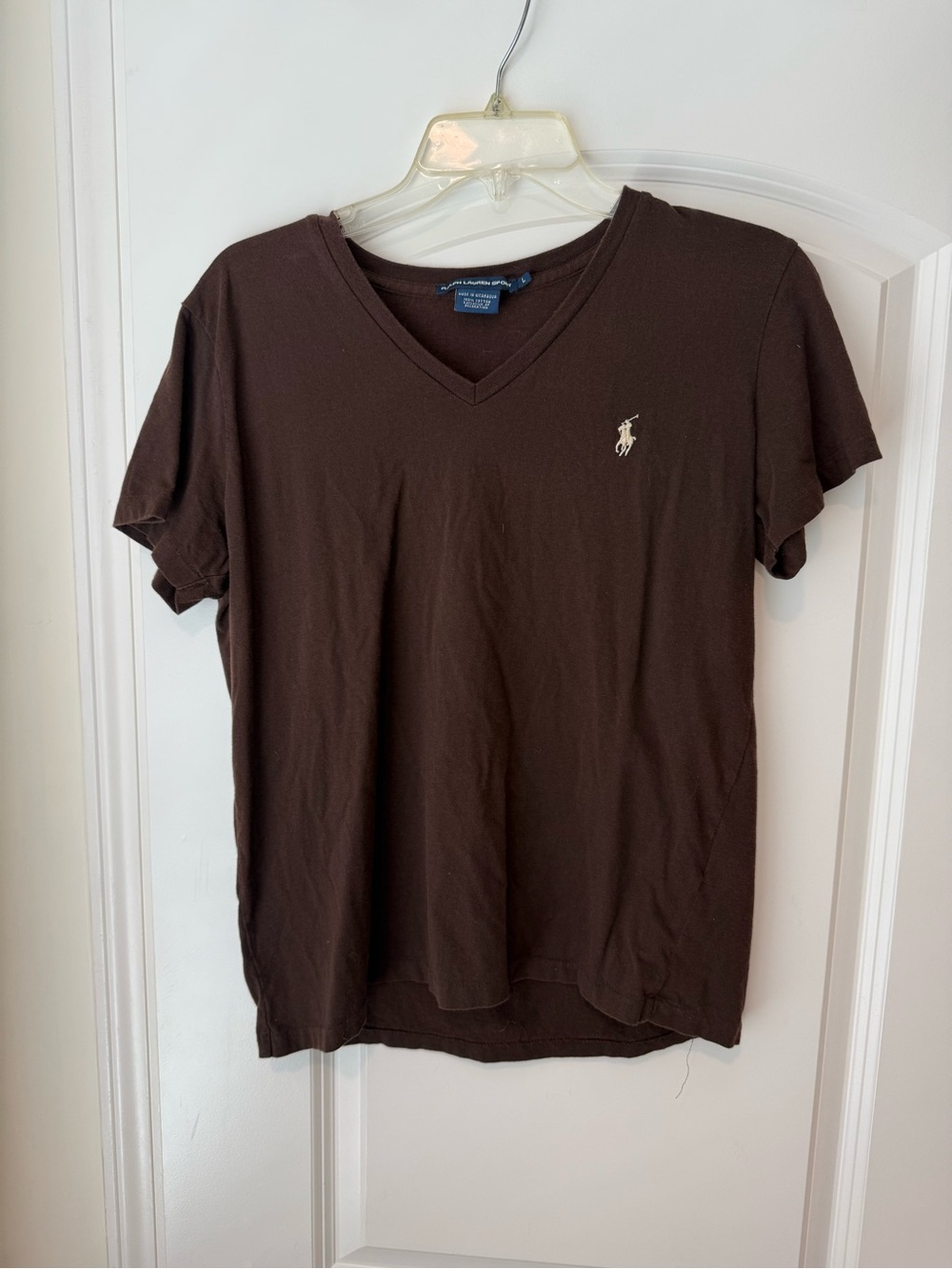 Ralph Lauren V-Neck Polo Shirt in Dark Brown with Cream Pony